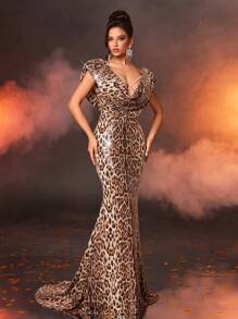 Glamrae Đầm dạ hội dài, bó sát, cổ chữ V sâu, đính sequins họa tiết da báo màu sâm panh, trang trí cổ bẻ, eo cao, thon gọn, đuôi cá dài, bền đẹp, đầm dạ hội trang trọng, dành cho khách dự tiệc cưới, tốt nghiệp, tiệc tối, tiệc tùng - Rượu sâm banh - Xem 7