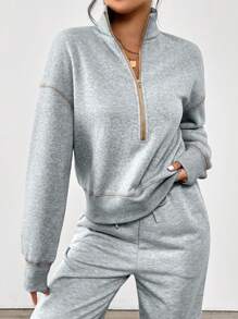 SHEIN LUNE 1pc Women Half-Zip Colorblock POLO Collar Casual Sports & Home Comfortable Elegant Outdoor Warm Lining Sweatshirt, Autumn/Winter