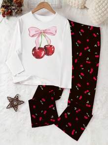Set da 2 pezzi di abbigliamento casual per ragazze adolescenti, comprendente top bianco con stampa di ciliegie e pantaloni neri con stampa di ciliegie su tutto il capo, set comodo per il tempo libero