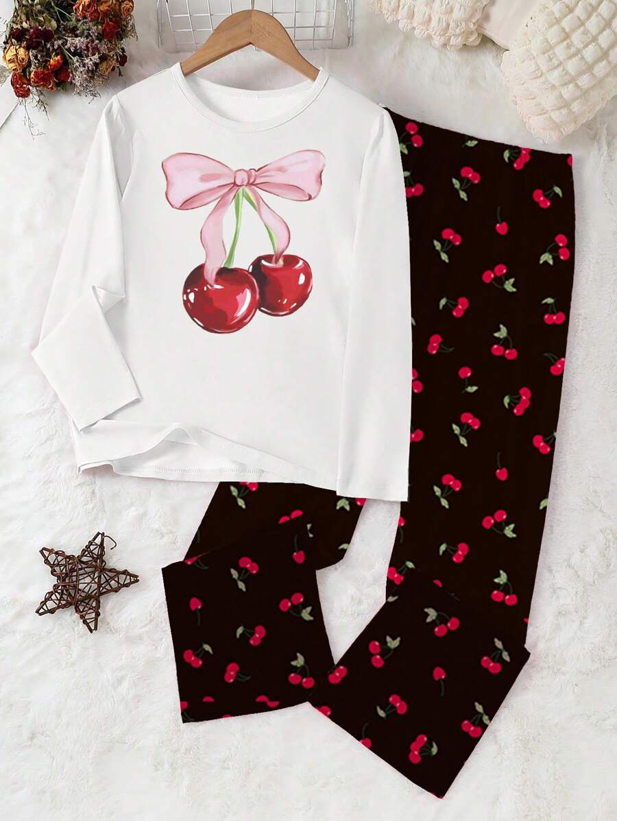 Set da 2 pezzi di abbigliamento casual per ragazze adolescenti, comprendente top bianco con stampa di ciliegie e pantaloni neri con stampa di ciliegie su tutto il capo, set comodo per il tempo libero
