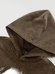 ROMWE MEN Street Life Sudadera con capucha vintage desgastada y lavada con ácido para hombres - Café integral - Ver 6