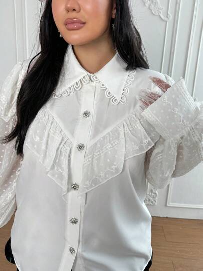 Lyrianda Plus Size Women's Autumn Frilled Patchwork Retro Romantic White Casual Fashion Blouse Fall Cloth For Women