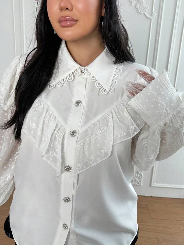 Lyrianda Plus Size Women's Autumn Frilled Patchwork Retro Romantic White Casual Fashion Blouse