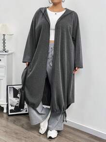 SHEIN CURVE+ 大码女式秋冬拉链斜口袋连帽运动衫夹克 - 灰色 - 查看 3
