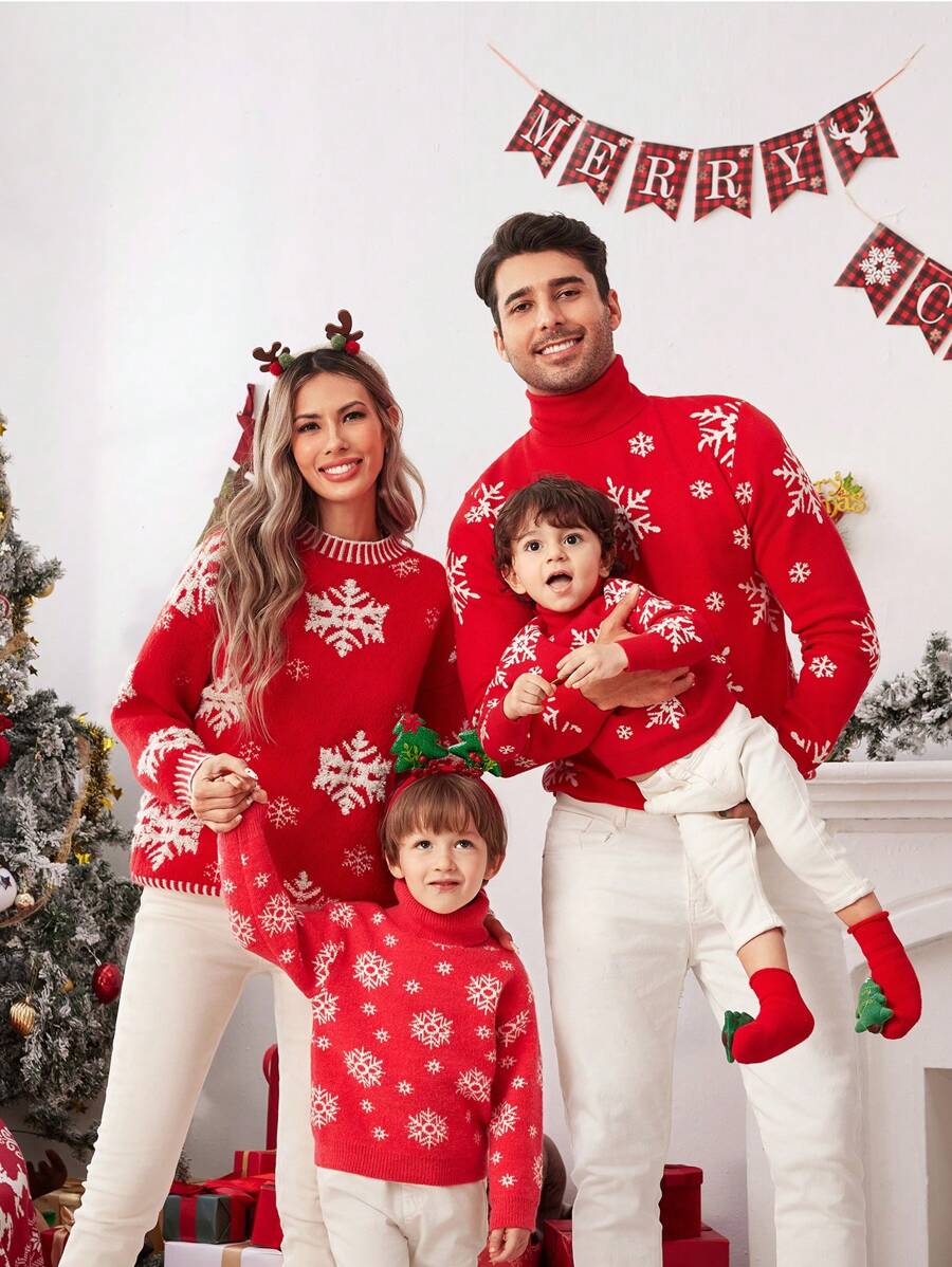 Manfinity VCAY Men's Loose Dropped Shoulder High Neck Long Sleeve Casual Knitted Sweater, Suitable For Autumn/Winter, Christmas, Couple & Family Matching - Red - View 1