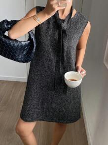 DAZY Elegantes ärmelloses Minikleid mit rundem Ausschnitt, Taillenbindung und gerader Passform für Damen, Sommerkleid, Herbstmode - Schwarz - Übersicht 3