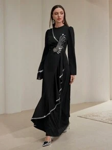 Veilorie Women's Elegant Puff Sleeve Ruffle Trim Dress With Sequins And Beads Decor Modest - Black - View 1