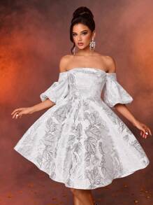 SHEIN Belle Thanh lịch và lộng lẫy bằng vải satin jacquard bạc một bên vai dài tay viền chữ A phù hợp cho tiệc độc thân buổi tối, tiệc vũ hội, váy bán trang trọng, cho sinh nhật, khách dự tiệc cưới, tiệc tốt nghiệp - Bạc - Xem 4