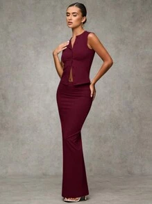 SHEIN BAE 1set Ladies Casual Sleeveless Long Skirt Set, For Autumn/Winter - Burgundy - View 4