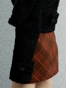 INAWLY Women's Solid Color Patchwork Button Decor Casual A-Line Skirt - Red - View 2
