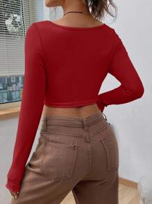 SHEIN EZwear Twist Front Asymmetrical Hem Khaki Crop Tee