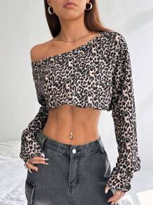 SHEIN Unity Women's Leopard Print Sexy Asymmetrical Neck Cropped Top, Spring/Summer - Multicolor - View 1