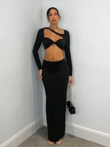 SHEIN BAE 镂空长袖上衣和开衩下摆中裙两件套 - 黑色 - 查看 4