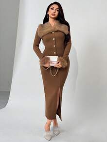 Modelyn 女士前扣长袖开叉毛绒插入休闲两件套，简约风格 - 咖啡棕 - 查看 4