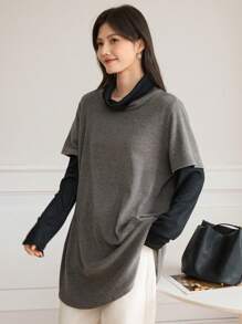 DAZY Women's Casual Color Block Drop Shoulder T-Shirt, Autumn/Winter Long Sleeve Women Tops,Fall Women Clothes Turtleneck Women - Dark Grey - View 6