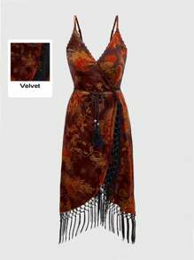 ROMWE Hippie Váy họa tiết hoa dây mảnh phong cách cổ điển cho nữ có viền tua rua - Vàng - Xem 1