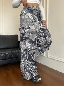 Flirla Plus Size Women Branch Print Patch Pocket Wide Leg Loose Pants Fall Cloth For Women - Multicolor - View 3