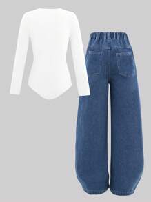 SHEIN 1 套青少年女孩紧身衣和休闲宽松不对称腰部阔腿牛仔裤套装，时尚百搭的日常穿着 - 白色 - 查看 2