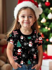 SHEIN Tween Girls' Christmas Santa Claus, Christmas Tree, Candy Cane, Snowflake Print Black Casual Minimalist Round Neck Short Sleeve T-Shirt, Suitable For Summer Christmas - Multicolor - View 1