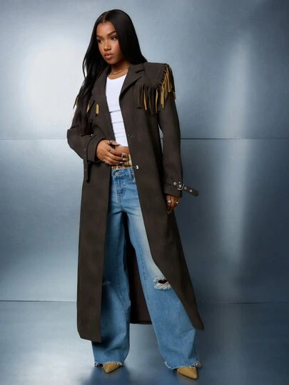 SUMWON WOMEN Suede Fringe Western Trench Coat Fall Winter Designer Statement Outerwear Buckle Details Long Coat