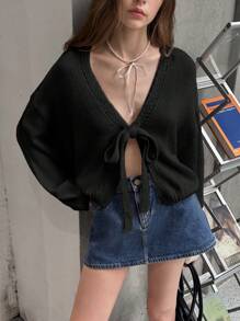 INAWLY 女休闲镂空针织百褶开衫宽松纯色时尚复古前打结开衫灯笼袖毛衣秋冬 - 黑色 - 查看 5