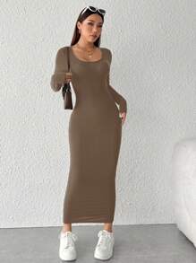 SHEIN PETITE Ladies Solid Color Round Neck Long Sleeve Slim Fit Casual Long Dress, Autumn - Coffee Brown - View 6