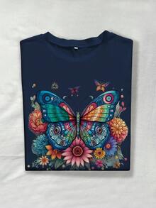 SHEIN LUNE Áo thun tay ngắn họa tiết bướm và hoa nhiều màu thường ngày cho nữ - Màu xanh hải quân - Xem 1