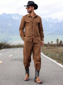 Manfinity Homme 2pcs Men Fashion Button Up Long Sleeve Shirt & Long Pants Set - Rust Brown - View 4