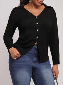 SHEIN Clasi Áo cánh đơn ngực cổ chữ V trơn cỡ lớn cho nữ, mùa xuân và mùa thu - màu đen - Xem 2