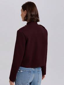 Women's Solid Color Front Button Long Sleeve Pocket Casual Short Jacket - Burgundy - View 2