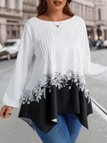 EMERY ROSE Ropa de invierno talla grande para mujeres, ropa navideña para mujeres, blusa elegante para mujeres con cuello redondo, mangas farol y estampado floral plisado para otoño