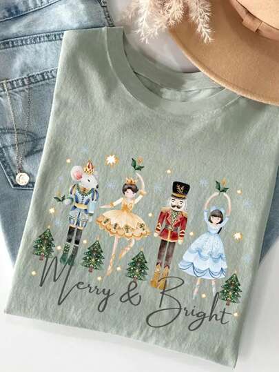 INAWLY Christmas Nutcracker Print Comfortable Color T-Shirt, Watercolor Holiday Cheer Bright Ballerina Party Winter Family Group Xmas Gift For Women Graphic Tees Women Tops