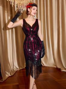 Vintamour Women 1920s Party Vintage Elegant Sequins Embroidery Bodycon Tasseled V-Neck Sleeveless Cocktail Dress, Holiday Fitted Skirt Women Clothes Thanksgiving Women Outfit Outfits Christmas Women Clothes Christmas Outfits Christmas Women Dress Christmas Party Dress Christmas Dress Christmas Clothes New Year Eve Dress Thanksgiving Dress Holiday Dress Dress Red Dress Burgundy Dress Flapper Dress  Valentine Spring - Red - View 4