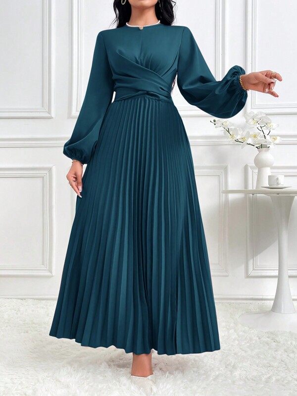 Modelyn Women's Elegant Cross Wrap Tie Back Lantern Sleeve Pleated Hem Modest Long Sleeve Arabian Dress, Solid Color Long Evening Dresses
