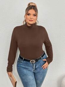 SHEIN CURVE+ Plus Size Solid Ribbed Slim Fit Mock Neck Knit Tee - Brown - View 3