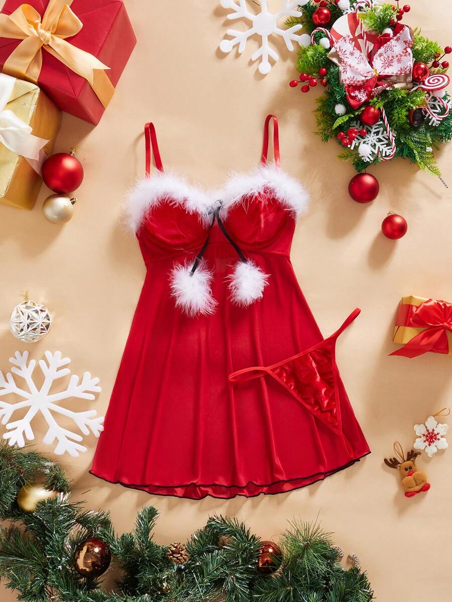 2 件套女士性感圣诞假期撞色毛绒装饰连衣裙和丁字裤内衣套装 - 酒紅色 - 查看 1