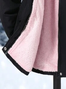 Tween Girl Pink Furry Collar Black Parka Fluffy Lined Outerwear - Black - View 7