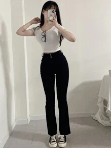 DAZY Women's Fashionable Casual Solid Color Slim Flared Pants - Black - View 4