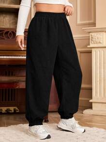 SHEIN EZwear Plus Size Solid Color Elastic Waist Casual Drawstring Ankle Pants