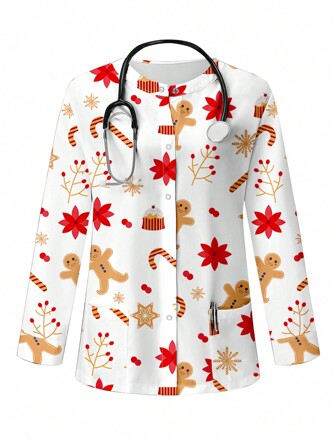 PopScrub Chaqueta de enfermera con bolsillos, estampado de hombre galleta con hoja de arce roja y bendiciones, diseño minimalista y bonito de dibujos animados, para uniformes de enfermería de mujeres