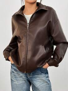 SHEIN PETITE Drop Shoulder Zip Up PU Cropped Leather Jacket