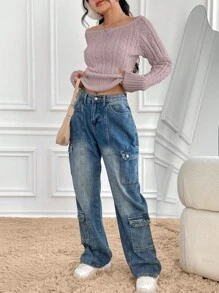 SHEIN Unity 女士休闲优雅船领粗针织毛衣，秋冬