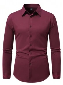 Manfinity Mode Camisa casual de negocios de manga larga, cuello liso y abotonadura frontal