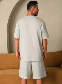 2 件套男士纯色圆领短袖口袋衬衫和短裤睡衣套装 - 淺灰色 - 查看 2