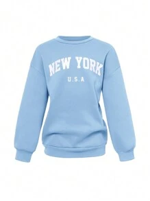 SHEIN Girlism 2 件 Tween 女童休闲字母印花长袖圆领运动衫和运动裤套装 - 淺藍色 - 查看 6