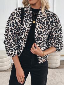 SHEIN LUNE 豹纹拉链口袋加厚棉服外套冬季 - 棕色 - 查看 5
