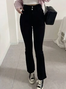 DAZY Women's Fashionable Casual Solid Color Slim Flared Pants - Black - View 3