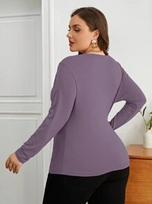 SHEIN Privé 大码纯色长袖褶皱简约 T 恤，休闲日常穿着 - 紫色 - 查看 2