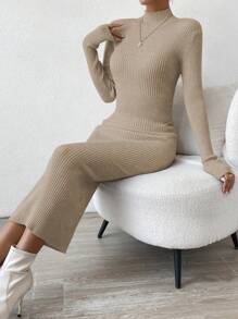 RosyDaze Vestido jersey de punto de unicolor y ajustado para mujer, informal para uso diario, otoño/invierno - Caqui - Ver 5