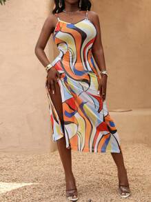 SHEIN Slayr New In Summer And Fall, Fluorescent And Colorful Mesh Cover-Up Dress With Block Color Fluid Pattern Print, Designed As A Camisole Sundress Style, Perfect For Holiday Beach Outfits And Swimsuit Parties